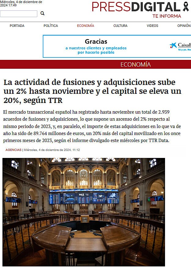 La actividad de fusiones y adquisiciones sube un 2% hasta noviembre y el capital se eleva un 20%, segn TTR